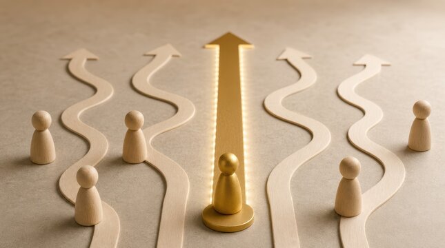 customer service experience personalization. Wooden figures stand at crossroads with one central figure on a bold arrow pointing straight ahead, symbolizing leadership.
