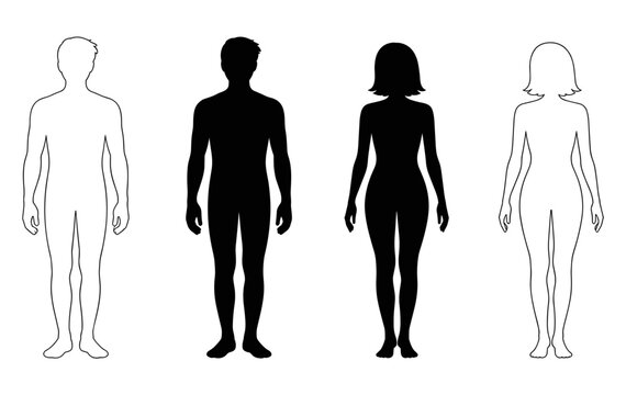 Four black silhouettes of two men and two women standing in a row, full body figures isolated on a white background, for diverse human representation