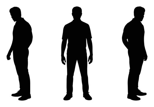 Three black silhouettes of a man standing in different poses, including front view and side profiles, isolated on a white background, for anatomical reference