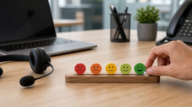 customer service experience personalization. Hand adjusting a happy face emoticon on a satisfaction scale at a modern office desk with headset and laptop.