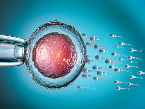 IVF fertilization with sperm approaching human egg held by laboratory pipette in assisted reproductive medicine process.