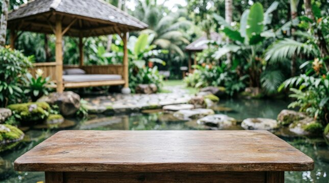 Wooden Table in Tropical Garden with Water Feature for Relaxation Concept