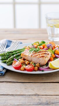 Plate of grilled salmon, fresh asparagus, colorful roasted vegetables, chickpeas, and cherry tomatoes for nutritious eating