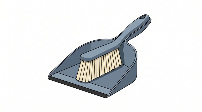 A simple gray dustpan and brush set, perfect for cleaning up small messes and debris, captured in a clear isometric illustration