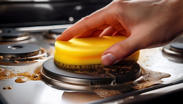 hand using a yellow sponge for cleaning a dirty gas stove removing grease and food residue from kitchen cooktop