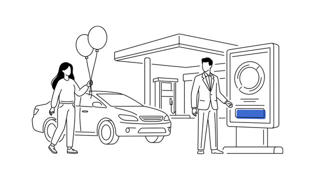 A woman with balloons walks near her car at a gas station while a businessman uses digital self checkout.