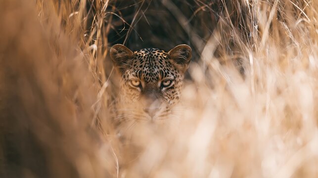 Leopard's face peeking through tall golden grass, its intense eyes fixed, representing predatory instinct and African safari wildlife