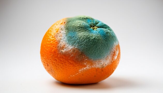 orange fruit decomposing with green and blue mold showing decay and rotten food on white background