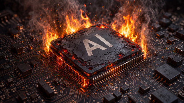 A cracked AI chip overheats and burns with intense orange flames and smoke on a detailed circuit board