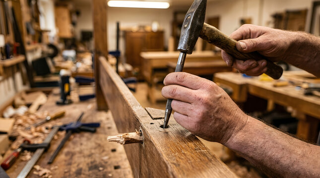 Restorer using pin punch and hammer to drive broken wooden dowel out of mortise and tenon joint.