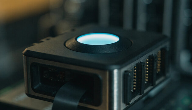 A close-up shot of a hardware security module (HSM) device with a glowing biometric fingerprint pad on top.  