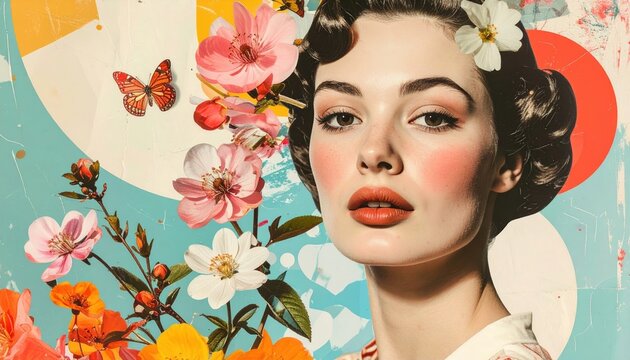 Retro pop art collage of woman portrait with spring flowers and abstract symbols