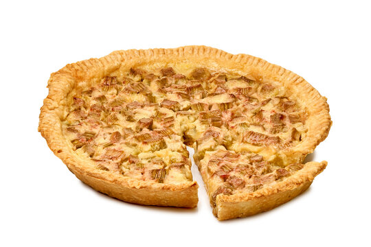Golden baked rhubarb tart with single slice removed, revealing crumbly crust, soft fruit filling, rustic streusel topping, clean white background, appetizing homemade dessert