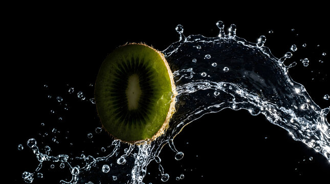 Fresh kiwi slice with water splash isolated on black background