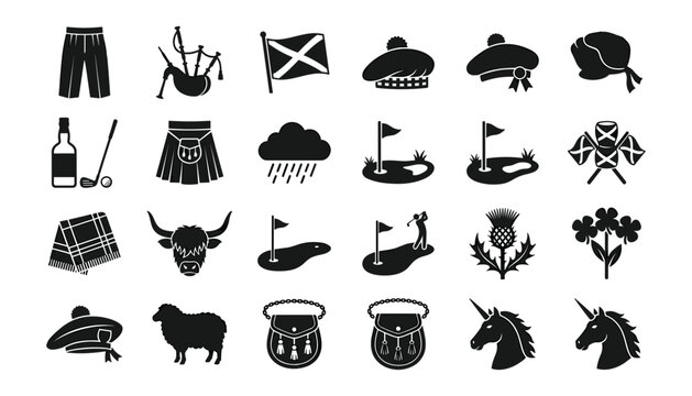 Scottish traditional culture line icon set featuring bagpipe kilt flag golf thistle unicorn highland cow and whiskey.