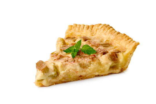 Homemade rhubarb tart slice with flaky golden crust, pale pink filling, fresh mint garnish, and clean white background, styled for bakery, dessert, menu, recipe, and culinary presentation