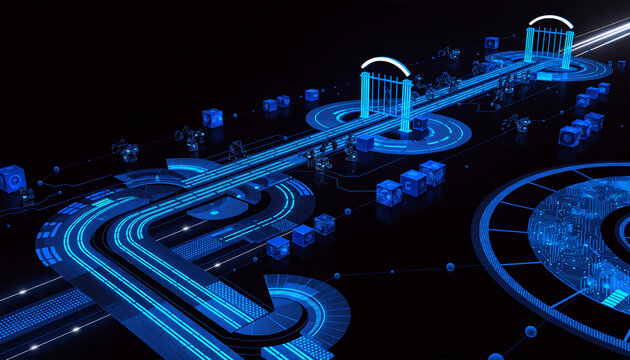 A futuristic data pipeline rendered in neon blue, featuring automated security checkpoint gates along the route.  