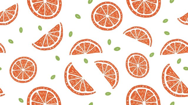 Seamless pattern of hand drawn orange fruit slices and small green leaves on a white background