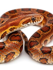 Fototapeta premium Close up head shot of corn snake reptile. Orange, red patterned corn snake reptile isolated on white background. Colorful scales of Pantherophis guttatus pet snake in studio shot. Exotic wildlife