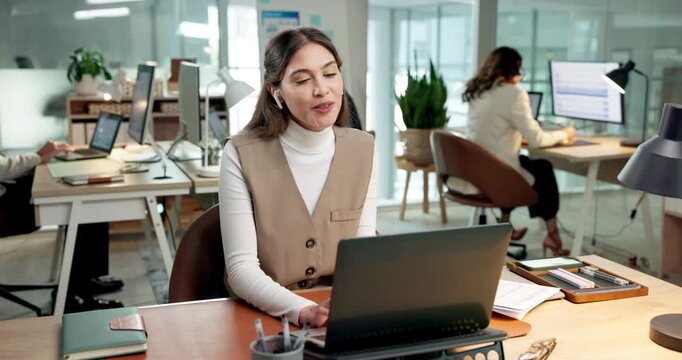 Business, recruiter and woman with laptop for video call, onboarding and communication with contact. Hr, online and happy person with earphones, virtual meeting and hiring process with tech in office