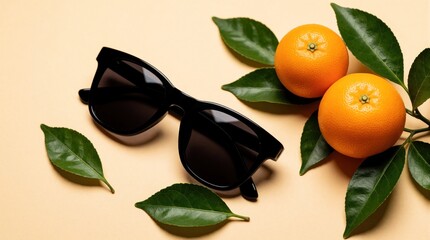 Fototapeta premium Black sunglasses rest near fresh oranges and green leaves. Minimal composition suggests summer vibes and bright, healthy fruit for a chic look.