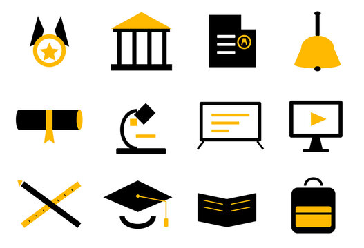 set of icons.Set of 12 online education school and university graduation black and yellow flat icons for elearning app UI and academic web interface