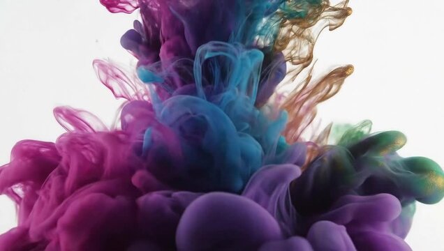 Colorful ink clouds swirling in water, abstract liquid paint explosion on white background.