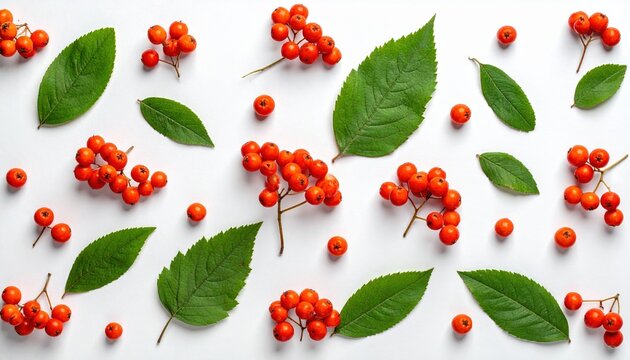 Pattern made from rowan berries and green leaves on white background, autumn botanical flat lay