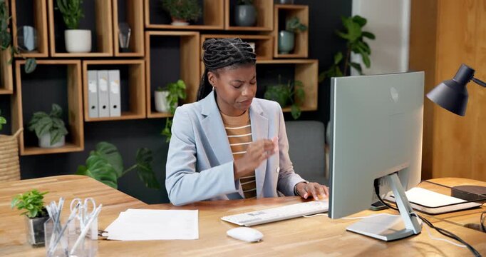 Woman, headache or stress in office with computer, finance report deadline or tired of online glitch. Exhausted, black person and migraine in business with desktop, financial admin and network error.