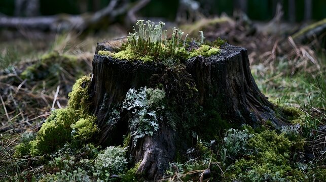 A weathered tree stump covered in vibrant green moss and pale lichen stands amidst a forest floor of soft grasses and fallen twigs