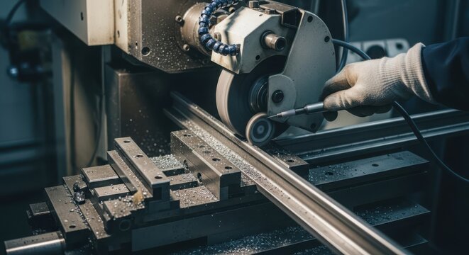 Skilled worker meticulously grinds metal component on industrial precision grinding machine