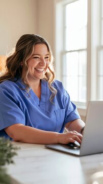 Smiling female healthcare professional in blue scrubs working on laptop, managing patient records or learning