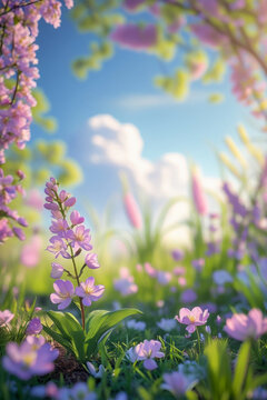 Poster spring wallpaper copy space for text on blur bloom blossom tree pink flowers AI Generative