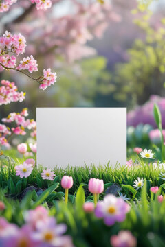 Poster spring wallpaper copy space for text on blur bloom blossom tree pink flowers AI Generative