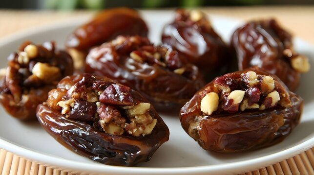 Stuffed dates filled with nuts arranged on a white plate  showcasing rich textures and appetizing presentation