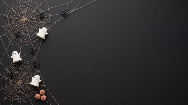 A top down halloween flat lay with decorative spider webs, small spiders, and cute ghost figures forming a spooky border on a black surface, offering ample copy space.