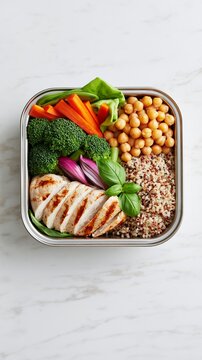 Healthy meal prep lunch box with grilled chicken, quinoa, chickpeas, broccoli, and fresh vegetables for balanced nutrition