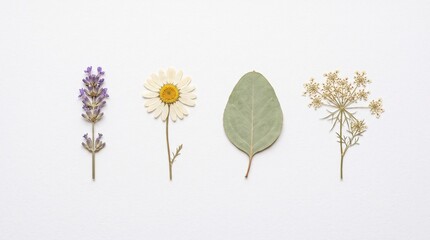 Naklejka premium Collection of Dried Botanical Specimens Including Lavender, Daisy, and Green Leaf on White Background