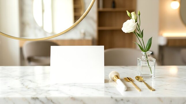 Minimalist blank card mockup on marble counter, elegant beauty salon interior background, white stationery card for spa menu or price list