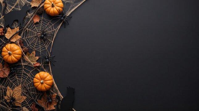 A top down flat lay of spooky halloween decorations like mini pumpkins, spiders, and autumn leaves creating a festive border on a dark black background with ample copy space.