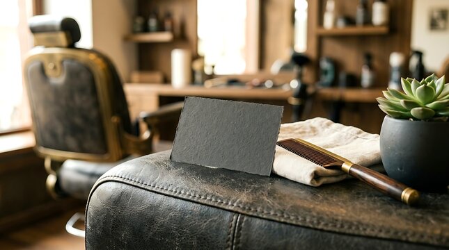 Vintage barbershop business card mockup, black paper card on leather chair, professional grooming salon interior