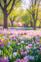 Fototapeta premium Poster spring wallpaper copy space for text on blur bloom blossom tree pink flowers AI Generative