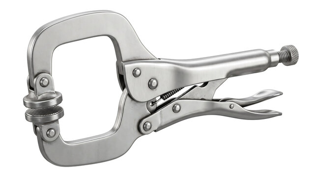 Metal locking c-clamp tool used for carpentry and construction work on a workshop workbench isolated on transparent background