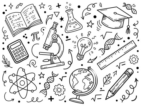 Science and Education Doodle Set with School Supplies and Laboratory Equipment Icons