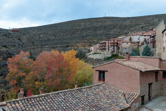 Albarracin historic village with colorful autumn trees