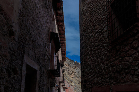 Albarrac&iacute;n medieval town narrow street stone walls