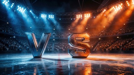 Naklejka premium Dramatic versus battle showdown in large sports stadium. Huge VS letters stand on ice rink floor under blue, orange lights. Fog, smoke fill arena with bright spotlights. Intense competition