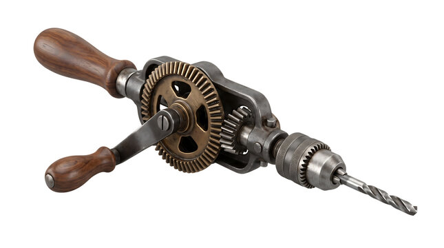 Old vintage manual hand drill with metal gears and wooden handles for carpentry and craft work isolated on transparent background