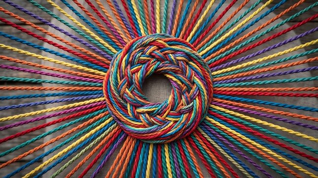 Colorful woven ropes creating abstract circle pattern with vibrant radiating lines.