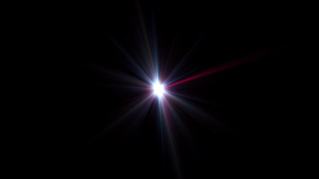 Star sparkle optical lens flare effect center glow red, blue cinematic overlay on black background. VFX compositing ray light flash, sun rays optics, god light.